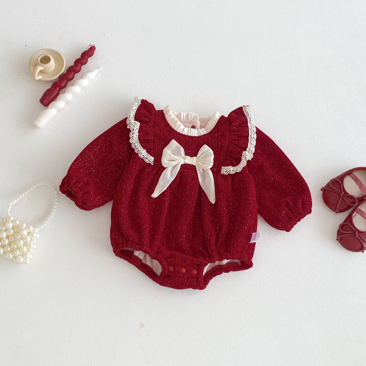 Baby Girl Christmas Bowknot Long Sleeves Romper Red