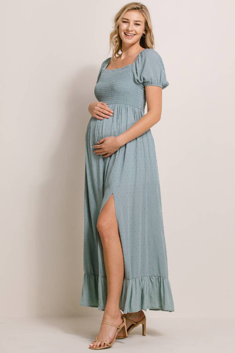 Square Neck Puff Sleeve Maternity Maxi Dress