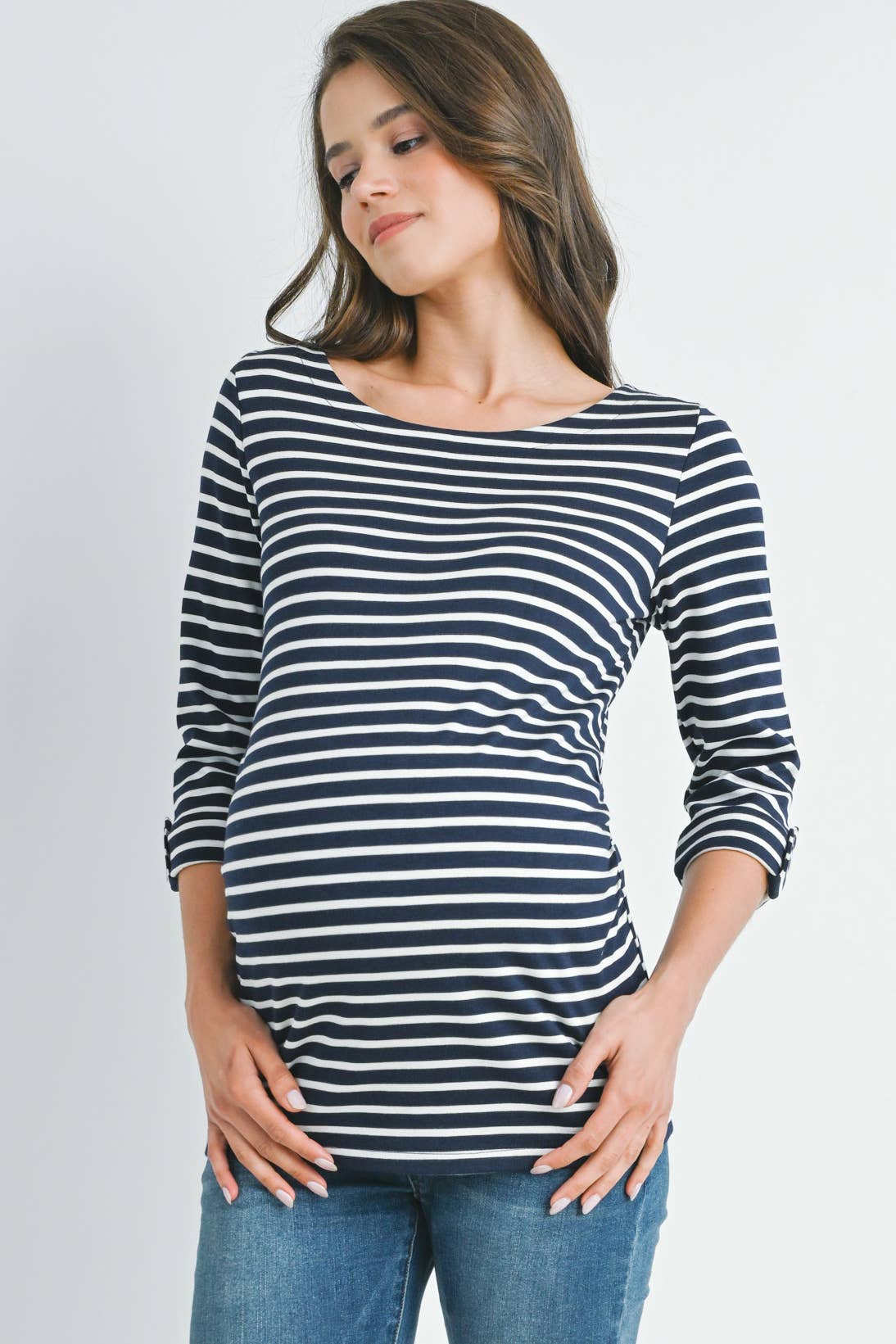 Striped Boat-neck Maternity 3/4 Sleeve T-Shirt