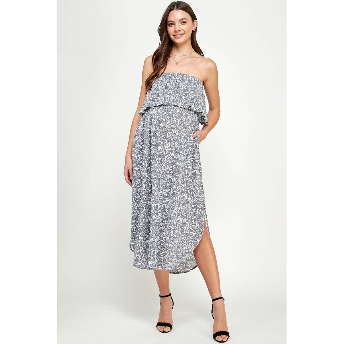 Strapless Flounce Maternity Floral Midi Dress