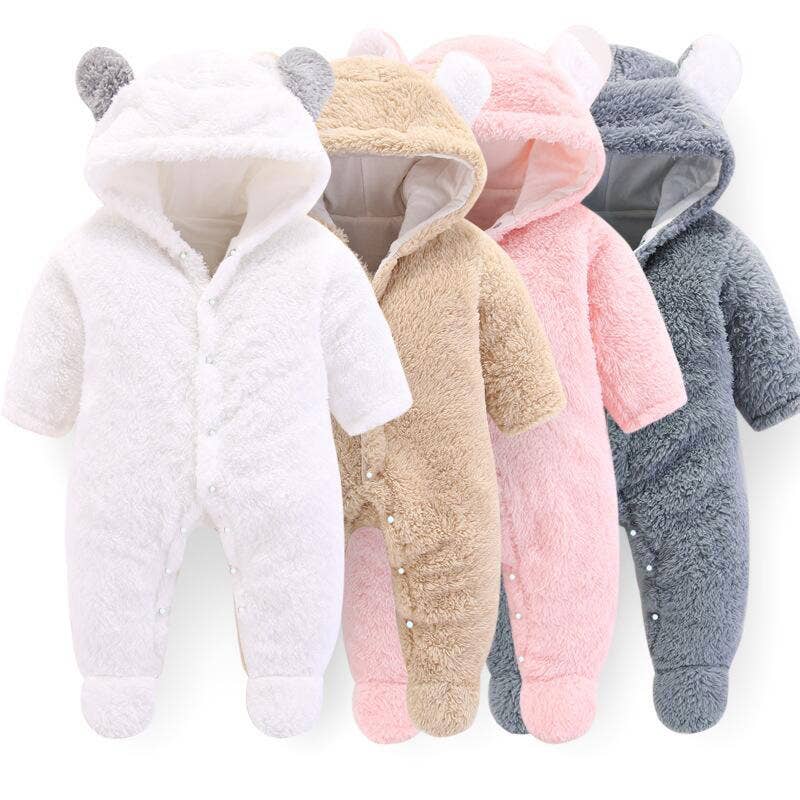Solid Hooded 3D Bear Design Long-sleeve Baby Jumpsuit