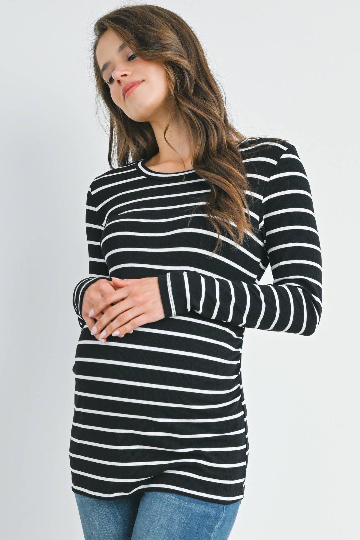 Striped Ribbed Long Sleeve Maternity Top