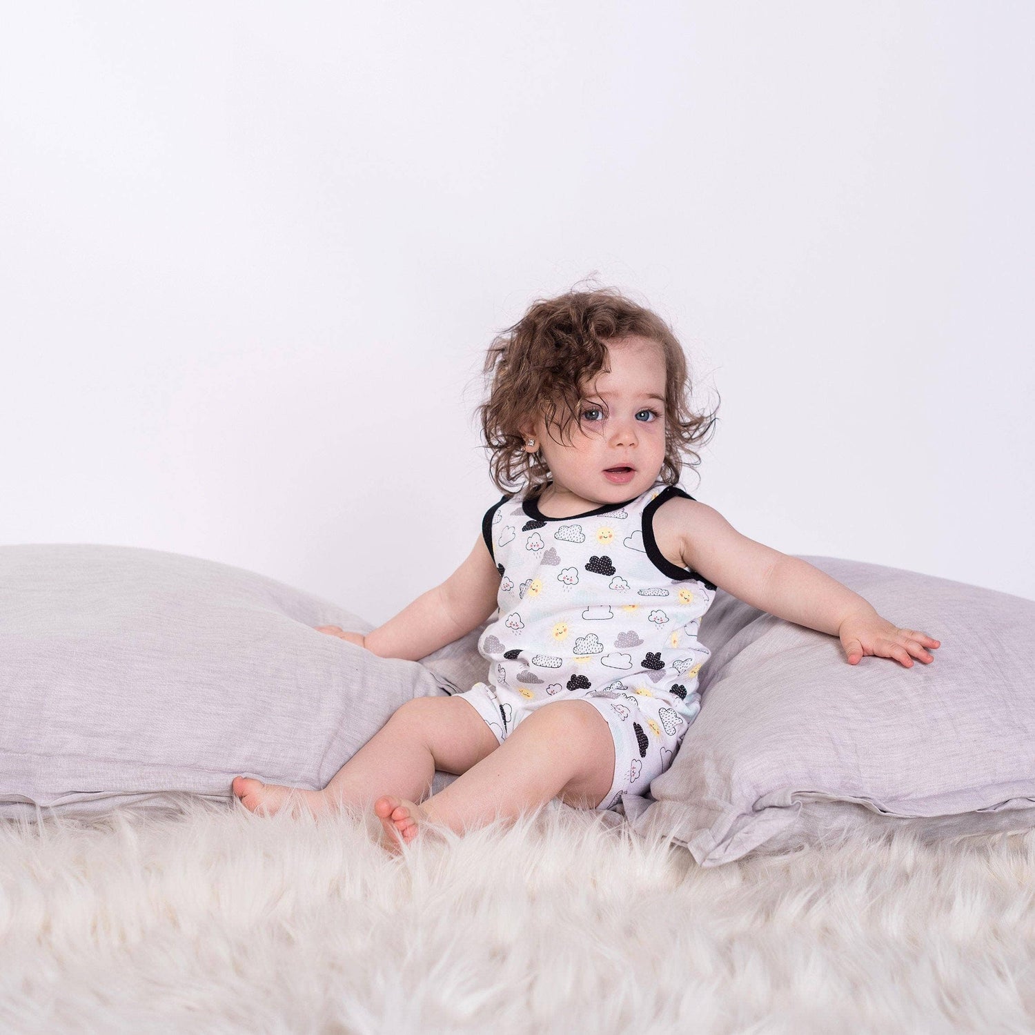 Snugabye Black & White Clouds Sleeveless Romper