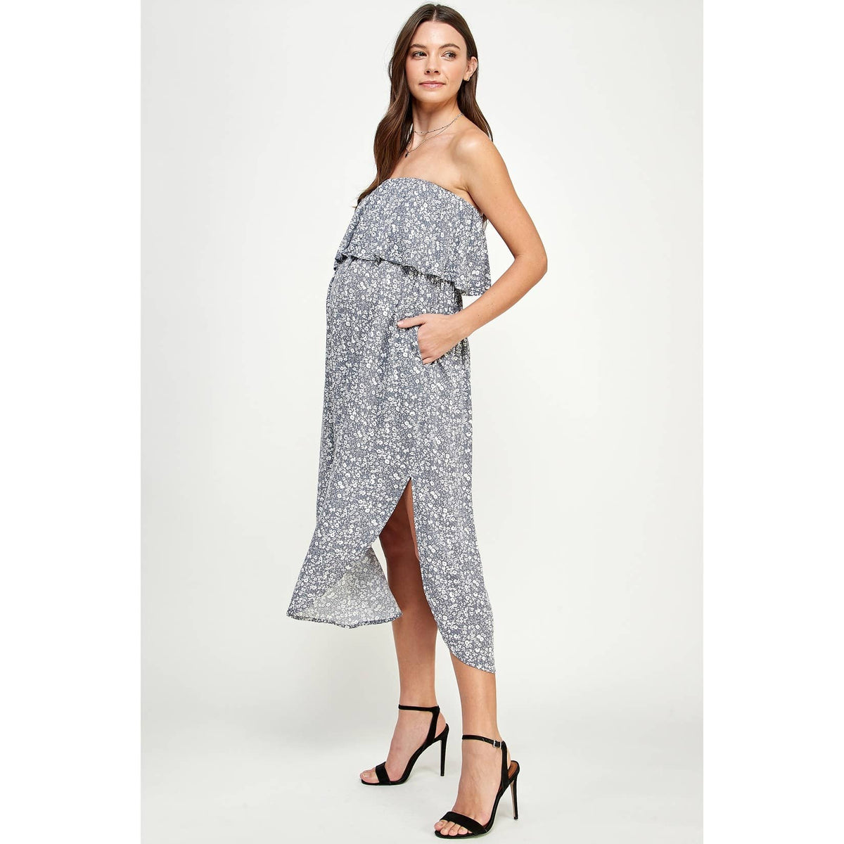 Strapless Flounce Maternity Floral Midi Dress