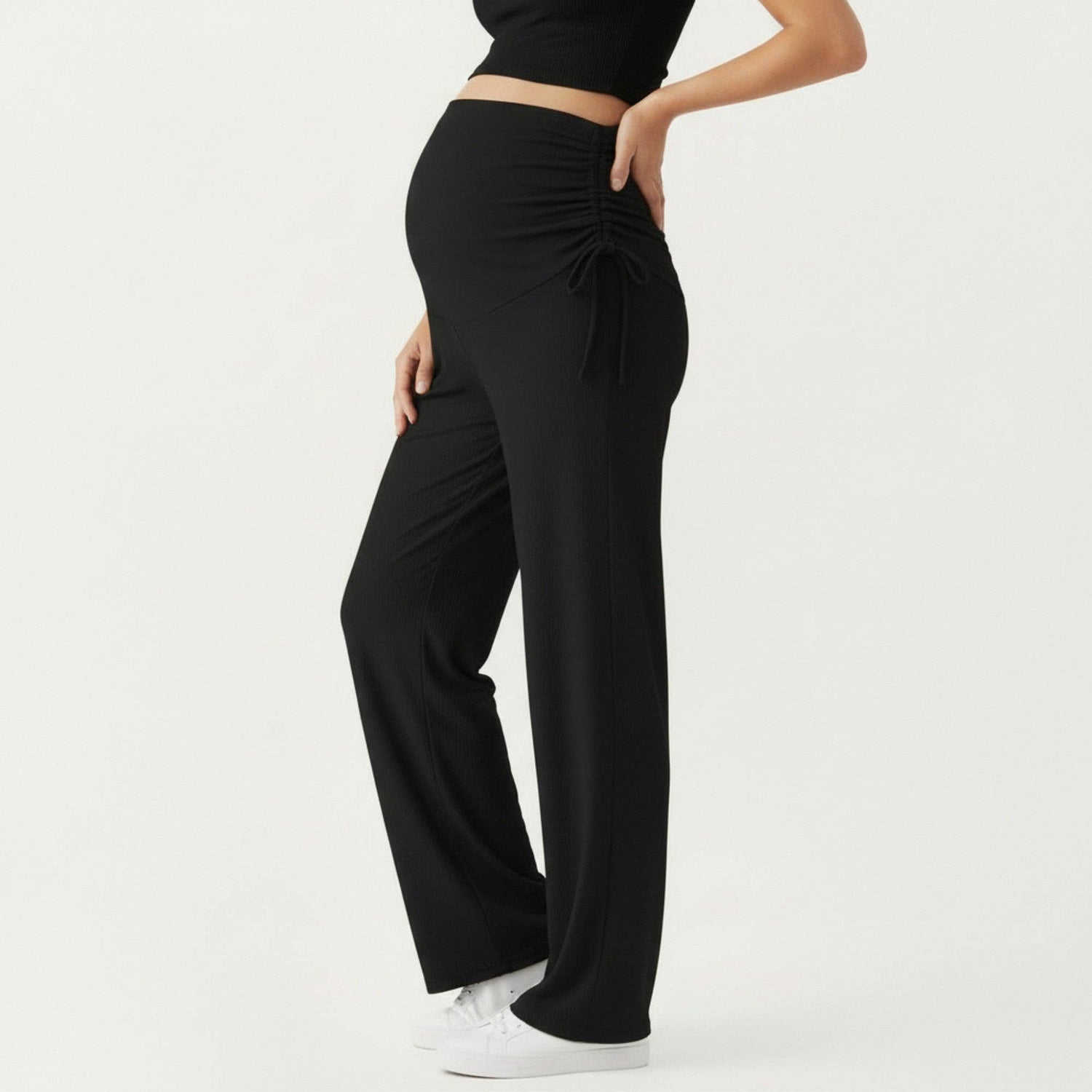 Maternity Wide Leg Pants with Adjustable Ruched Waist Stretc