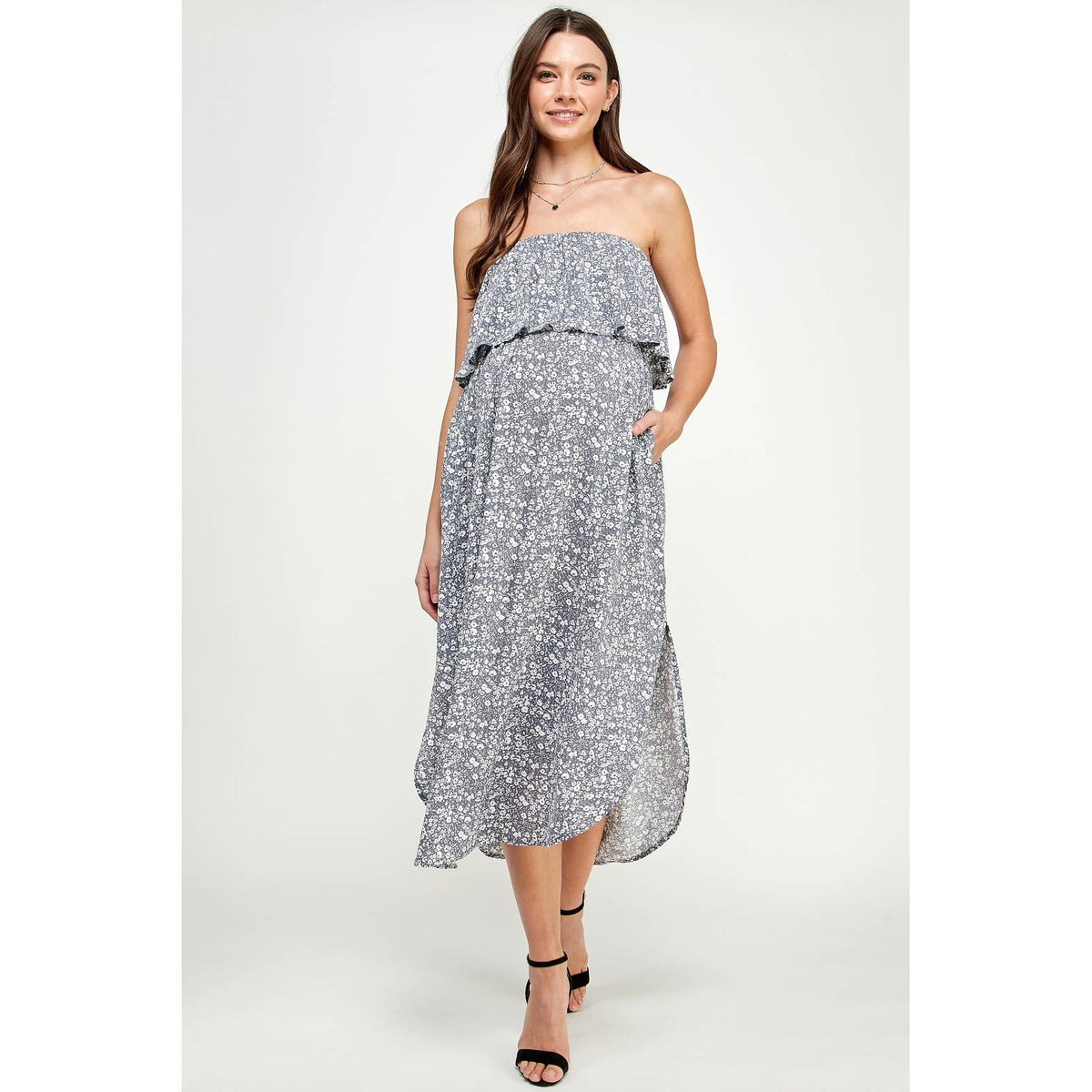 Strapless Flounce Maternity Floral Midi Dress