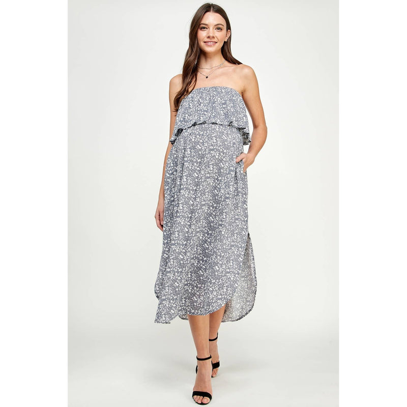 Strapless Flounce Maternity Floral Midi Dress