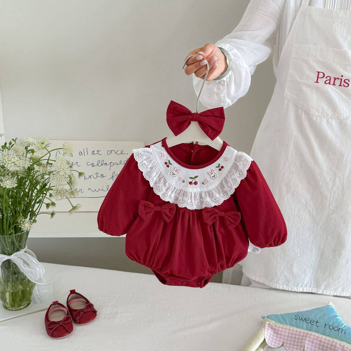 Baby Girl Embroidered Long Sleeves Romper Red