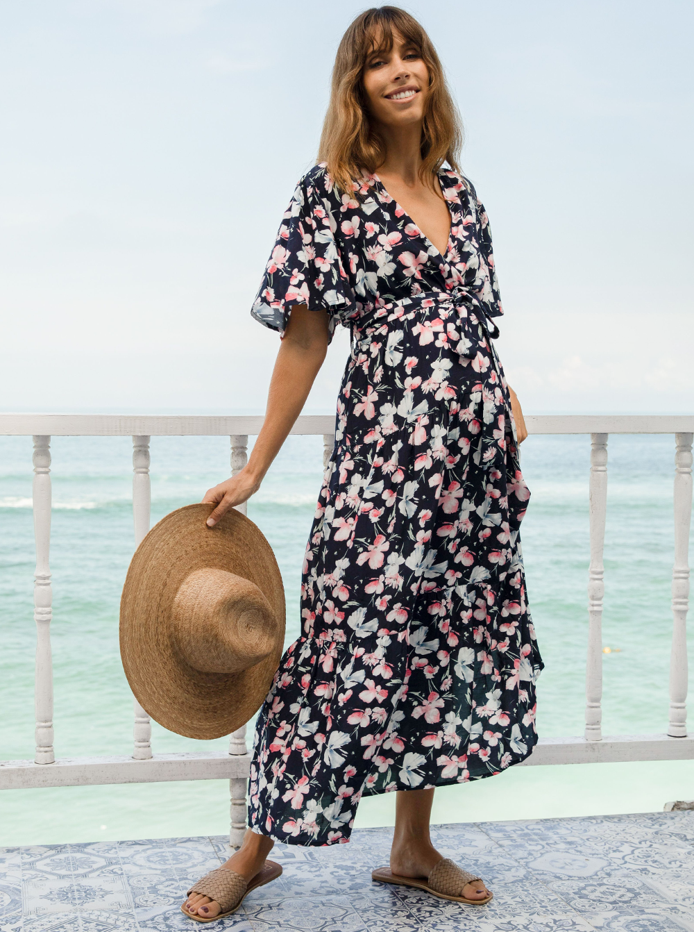 Cara Navy Floral Print Baby Shower Maternity Dress