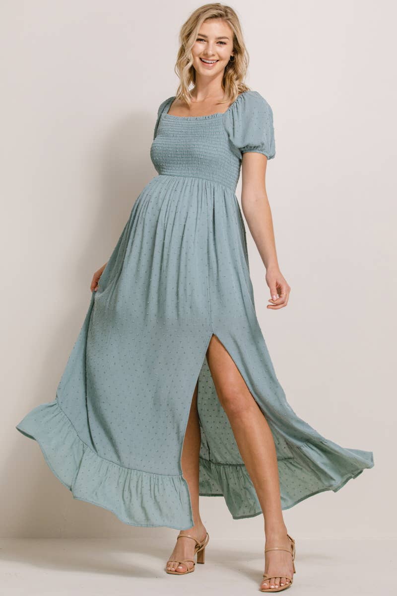 Square Neck Puff Sleeve Maternity Maxi Dress