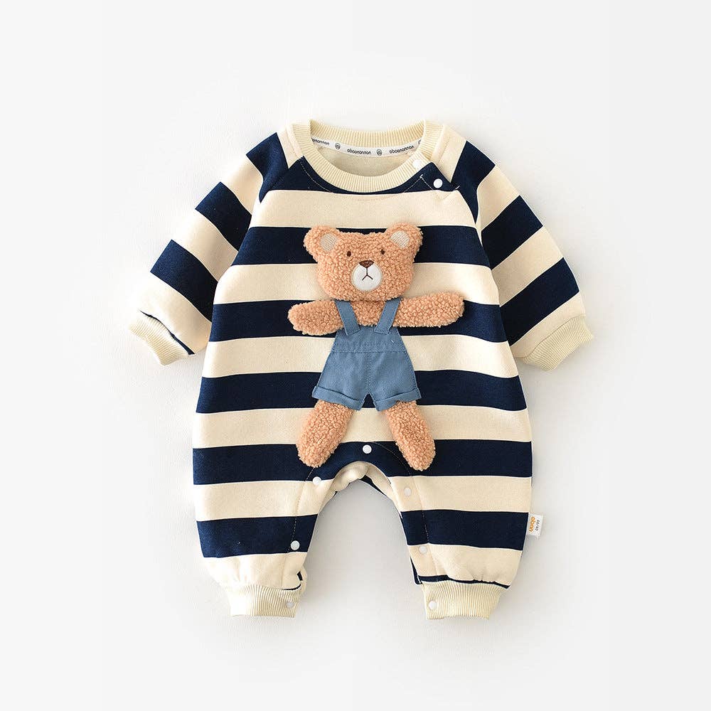 Baby Striped Bear Fleece Lined Romper