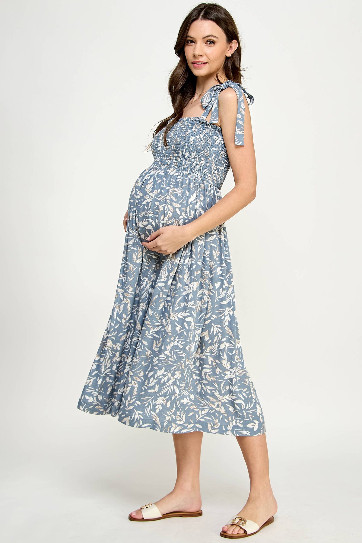 Light Blue Smocked Sleeveless Maternity Midi Dress