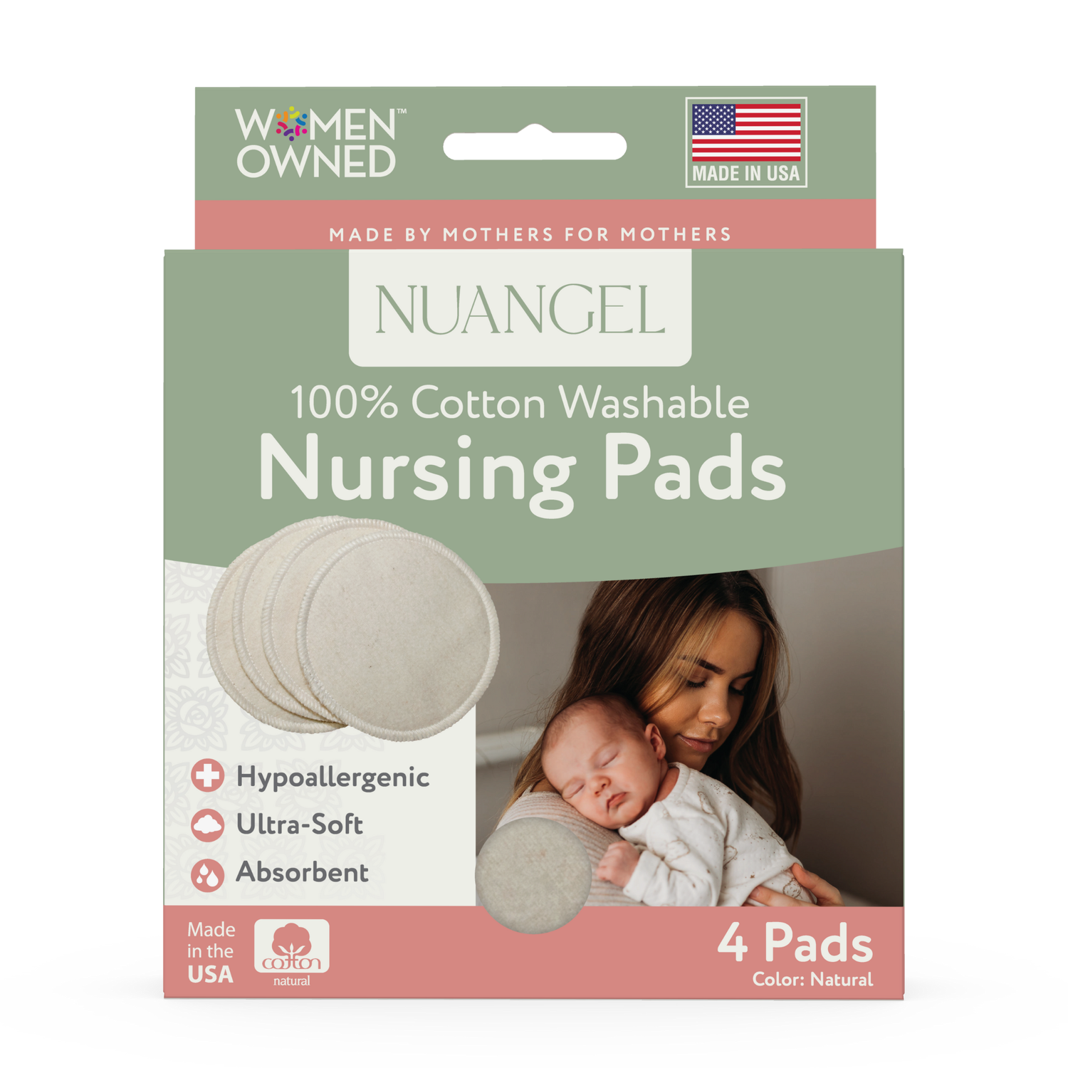NuAngel 100% Natural Cotton Washable Nursing Pads, 4 ct.