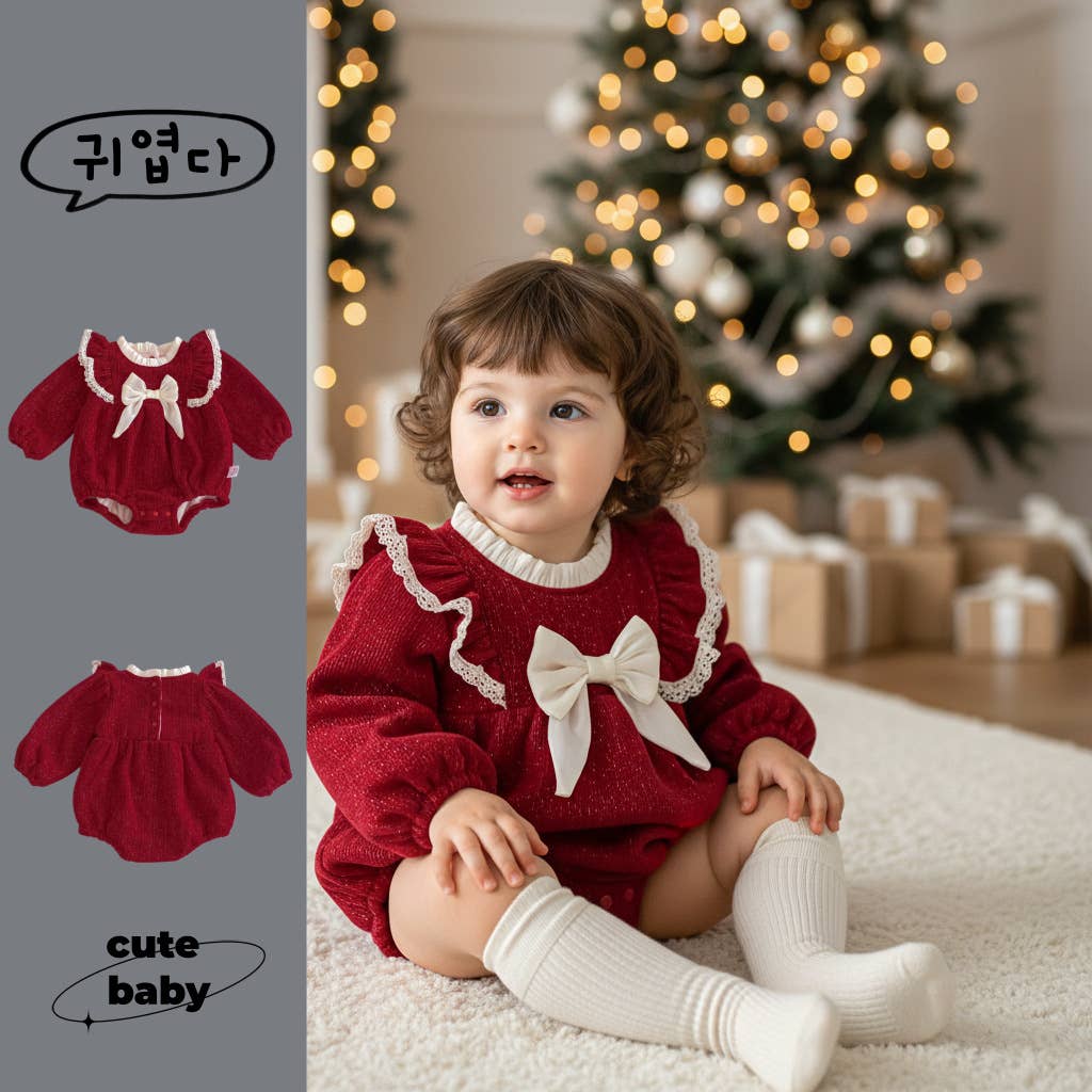 Baby Girl Christmas Bowknot Long Sleeves Romper Red