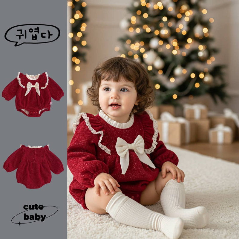 Baby Girl Christmas Bowknot Long Sleeves Romper Red