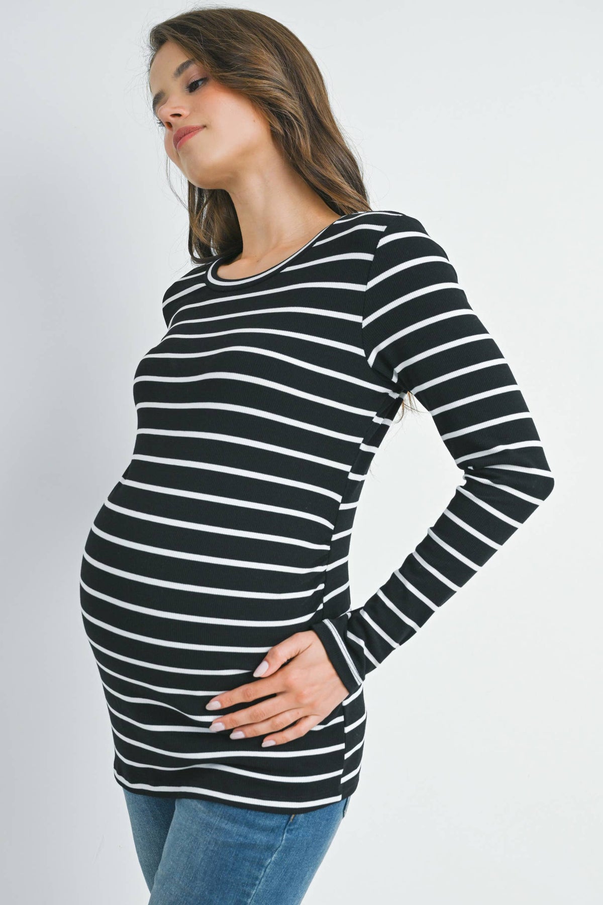 Striped Ribbed Long Sleeve Maternity Top