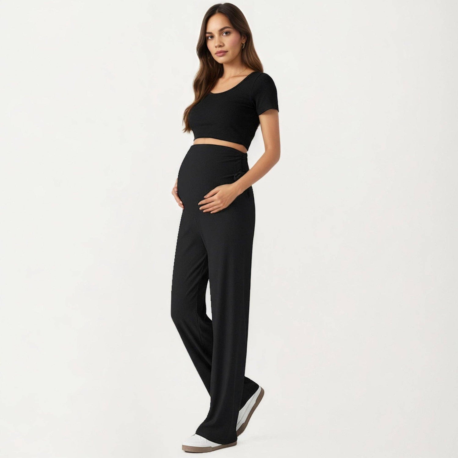 Maternity Wide Leg Pants with Adjustable Ruched Waist Stretc