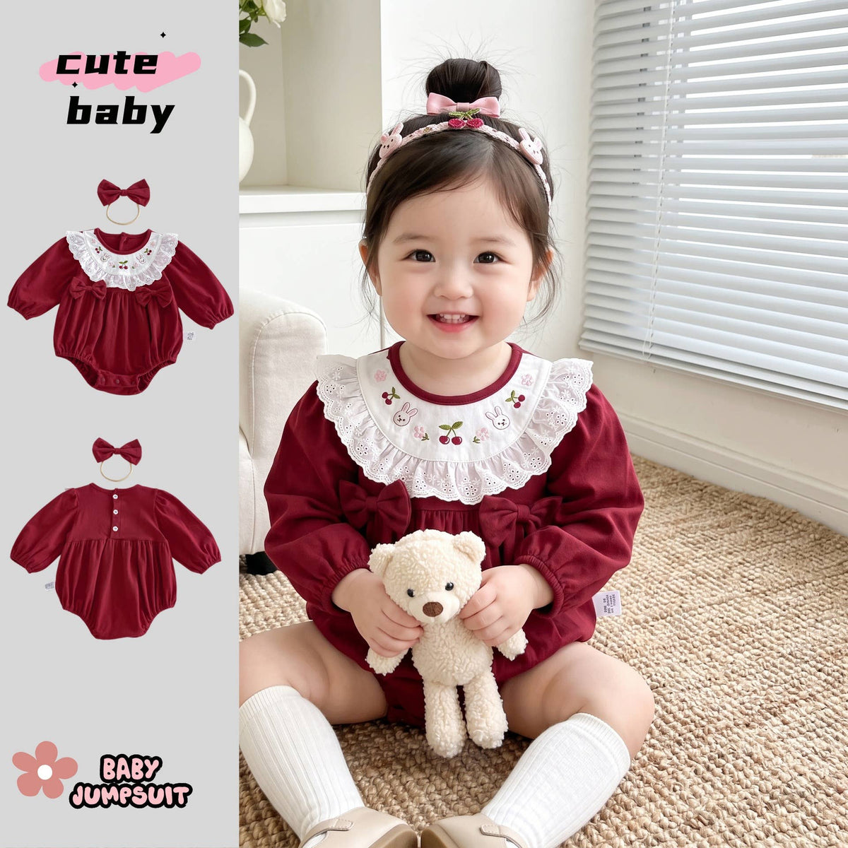 Baby Girl Embroidered Long Sleeves Romper Red