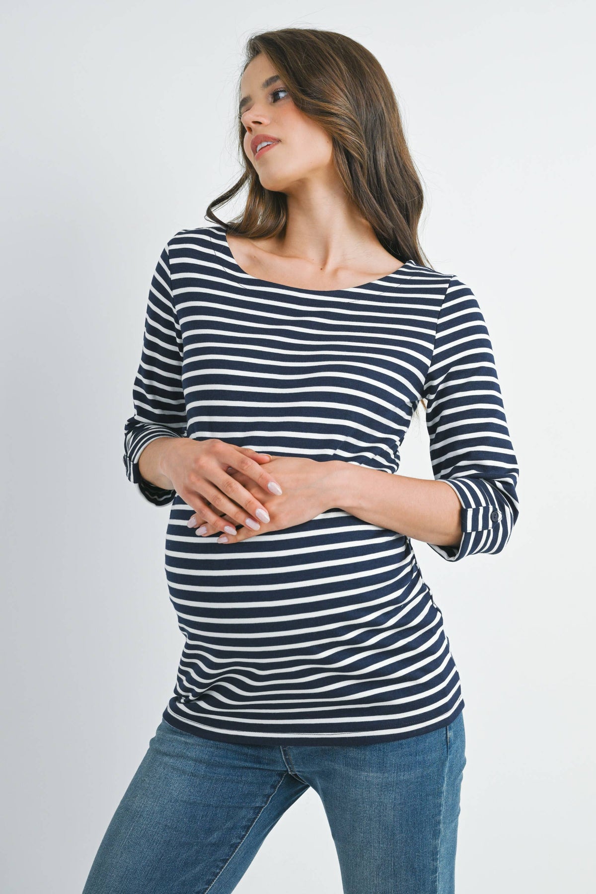 Striped Boat-neck Maternity 3/4 Sleeve T-Shirt